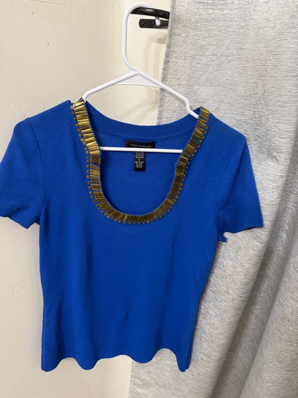 Cable & Gauge Royal Blue Short Sleeve Scoop Neck Top with Gold Embellished Trim